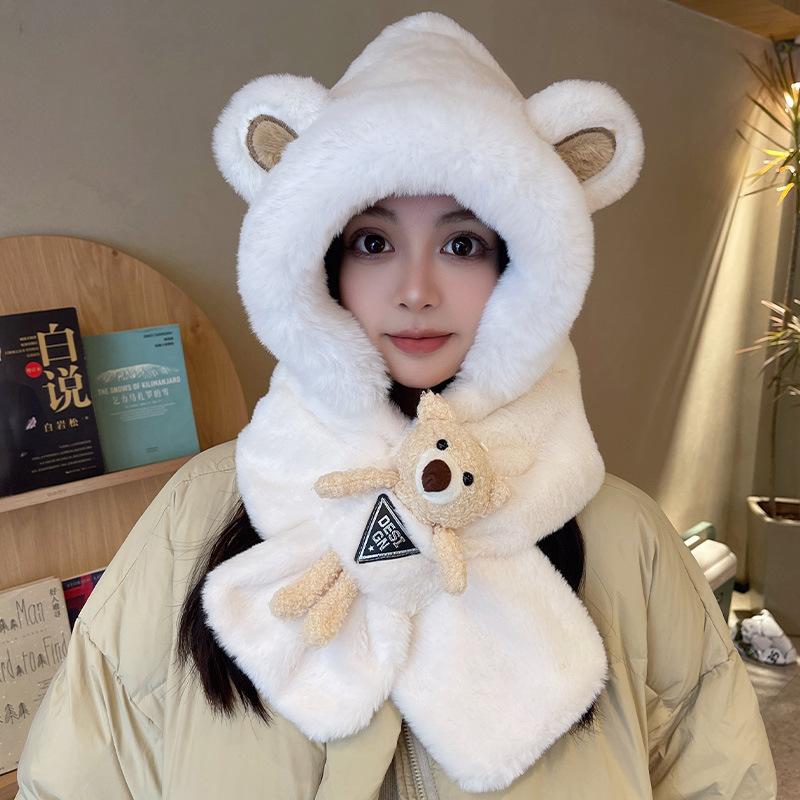 Doll bear hat scarf integrated schoolgirl cute warm winter plush scarf cover ear protection