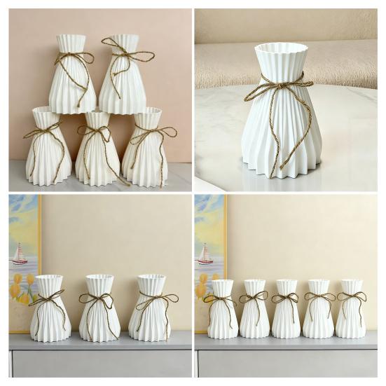 White Faux Ceramic Vase for Living Room Bedroom Kitchen Home Decor Ribbed Design Decorative Flower Holder with Jute Rope Bow for Bouquet Pampas Grass