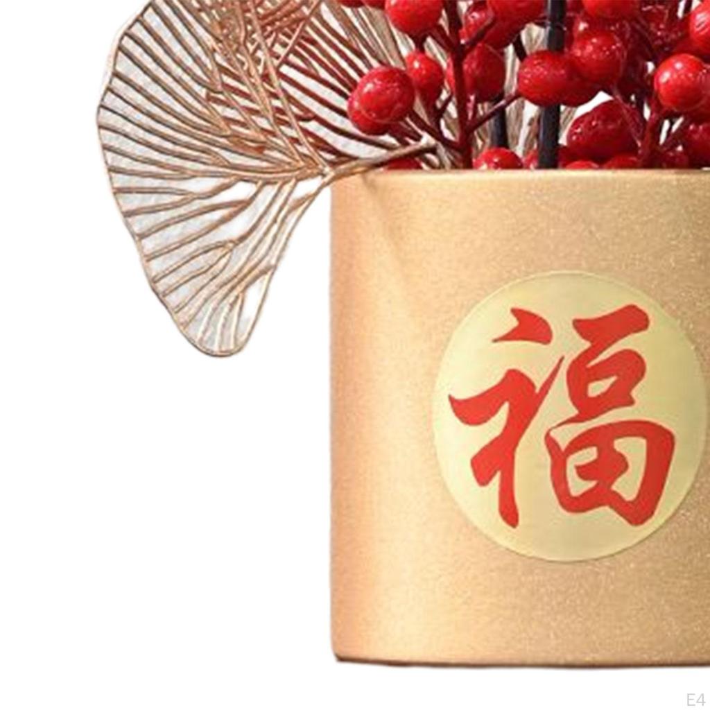 Chinese Flower Basket Ornament Arrangement Red Fruit Tree Celebration Bouquet for Festival