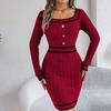 Autumn Winter Women's Square-neck Sweater Dress Mid-length Fitted Bodycon Dress Sexy Knitted Dress