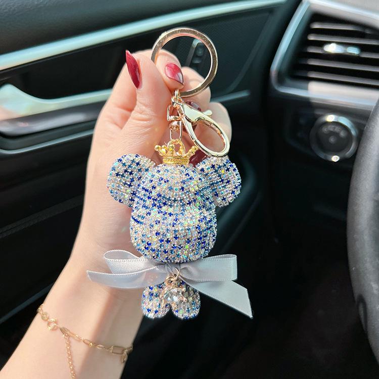 Stylish Diamond Crown Bear Keychain with Ribbon - Charming Doll Accessory and Elegant Gift