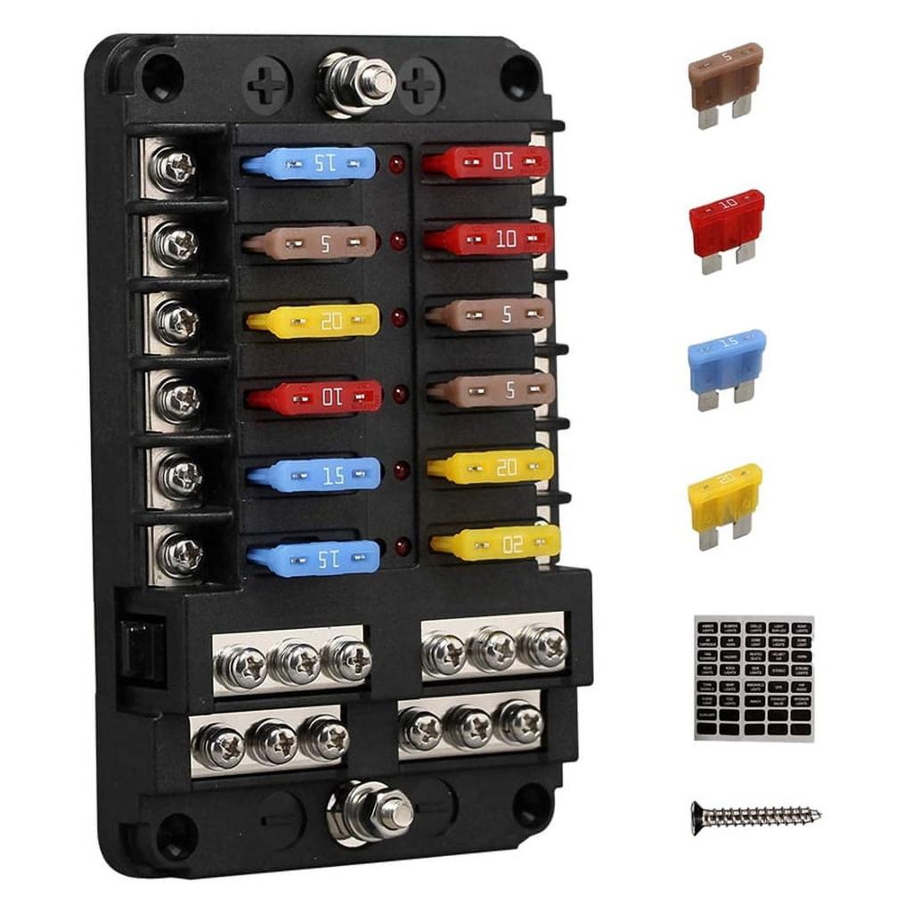 12V 12 Way Marine Fuse Block Panel with Ground & Volt Box for Car Automotive Boat RV RZR