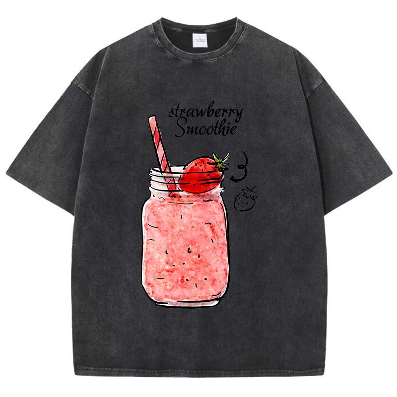 Strawberry Smoothie Print Washed TShirts Womens Cotton Tops Comfortable Distressed ONeck T Shirts Summer Casual Woman Clothes