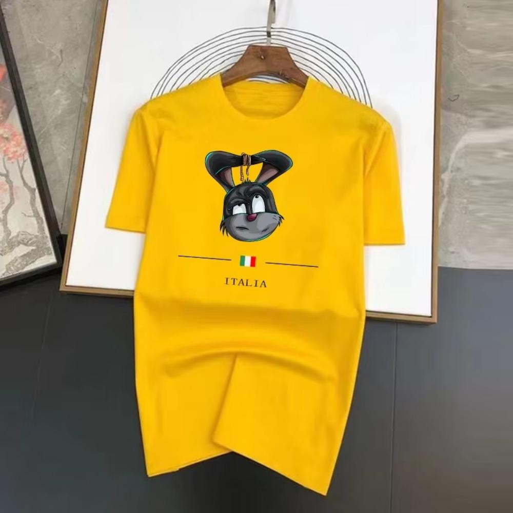 Summer Luxury Men's T-Shirt Crew Neck Fashion Tied Rabbit Ears Print Kawaii Thick 100% Cotton High Quality Loose Breathable