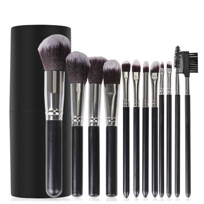 Conjunto de 12 pincéis de maquiagem pretos, pó facial, contorno, blush, sobrancelha, pincel e pente, pincel para cílios, pincel de maquiagem com estojo cilíndrico