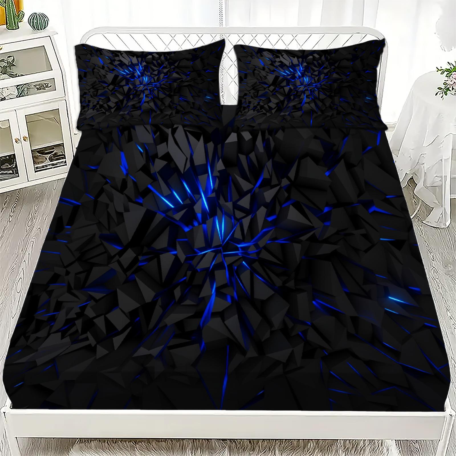 

3pcs Blue And Black Fitted Sheet Cracks Printed Flat Sheet With Pillowcases For Teen Boys Cool Room Decor Vivid Visual Style 153x203x25cm