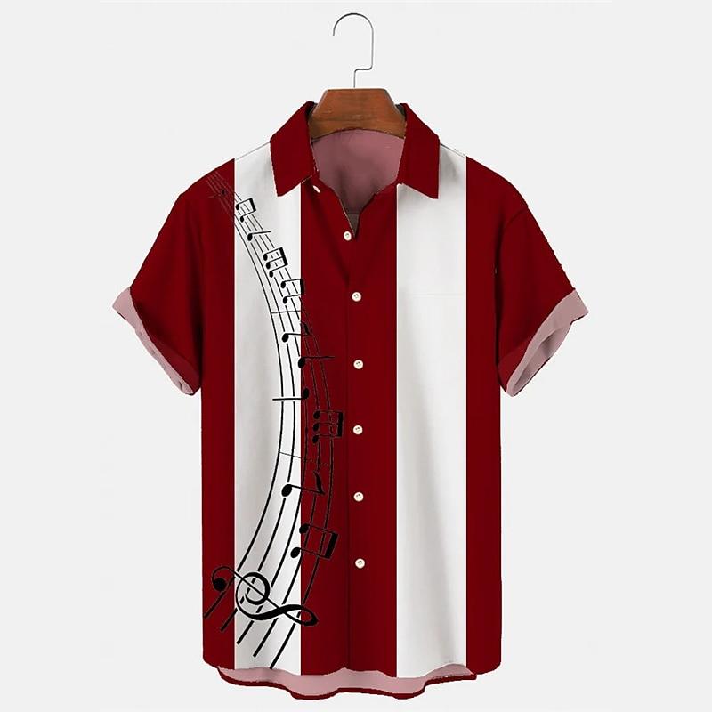Men s Shirt Casual Buttoned Cardigan 3D Music Symbol Print short-sleeved Shirt Summer New Simple Striped Open Lapel Tops S