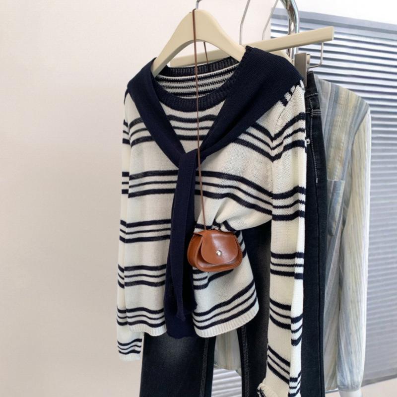 

Темно-синяя шаль ретро в полоску трикотажный свитер с длинным рукавом женский осенне-зимний новый многослойный топ из двух частей One Size