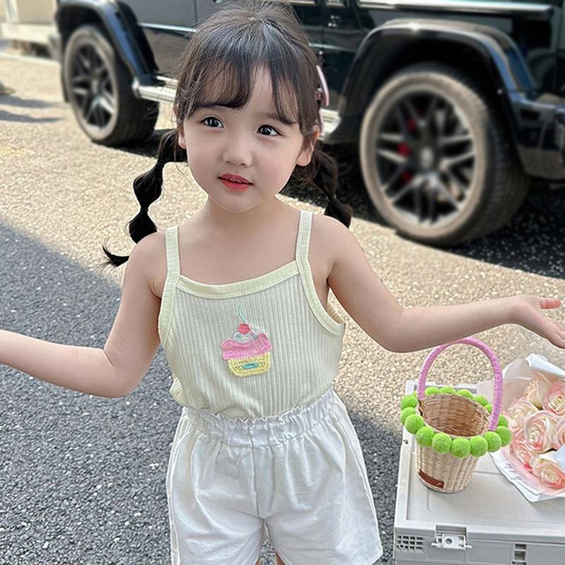 Dziewczęca koszulka z nadrukiem w postaci haftowanej kreskówki, elastyczna kamizelka, letnie dziecięce bluzki typu sling