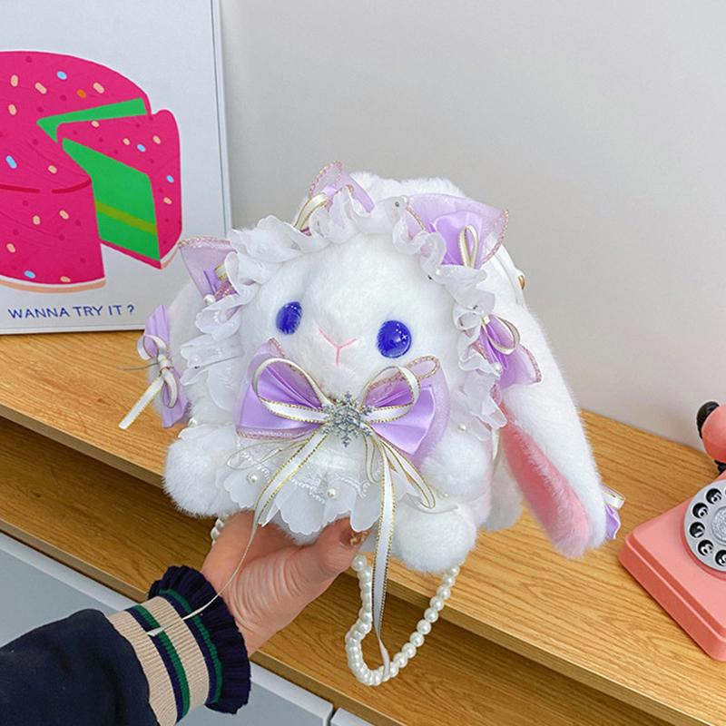 New Cute Bunny Plush Bag Lolita Element Shoulder Bag Kawaii Princess Sweet Pearl Chain Crossbody Bags Long-Eared Rabbit Purse