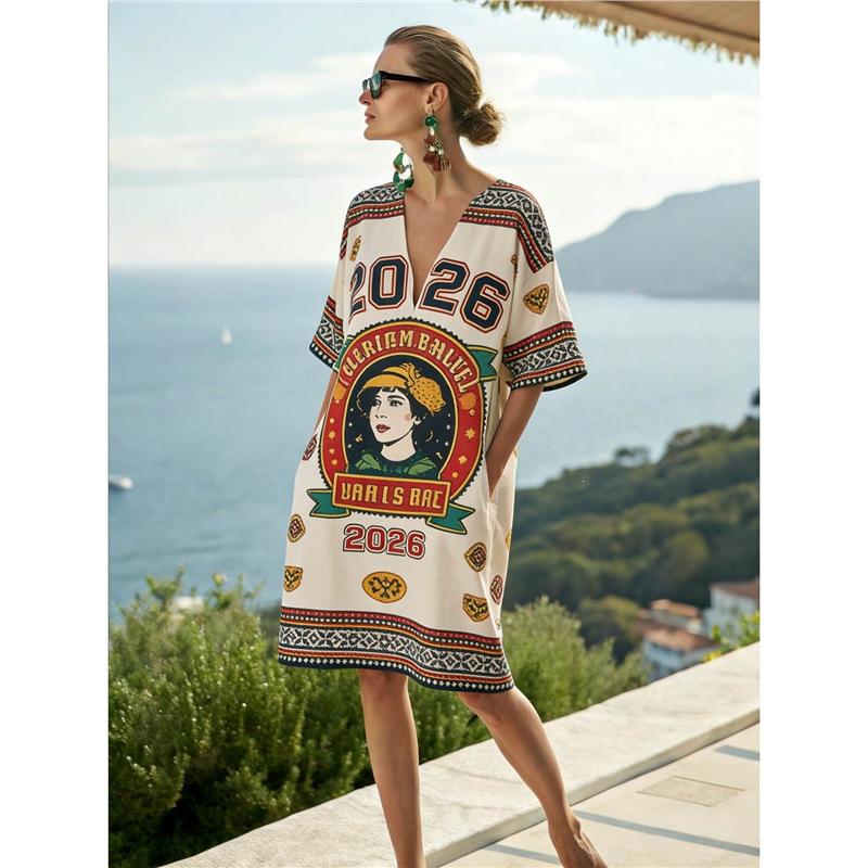 26 New European and American Bohemian large-size women's clothing casual loose 3D printed dress robe