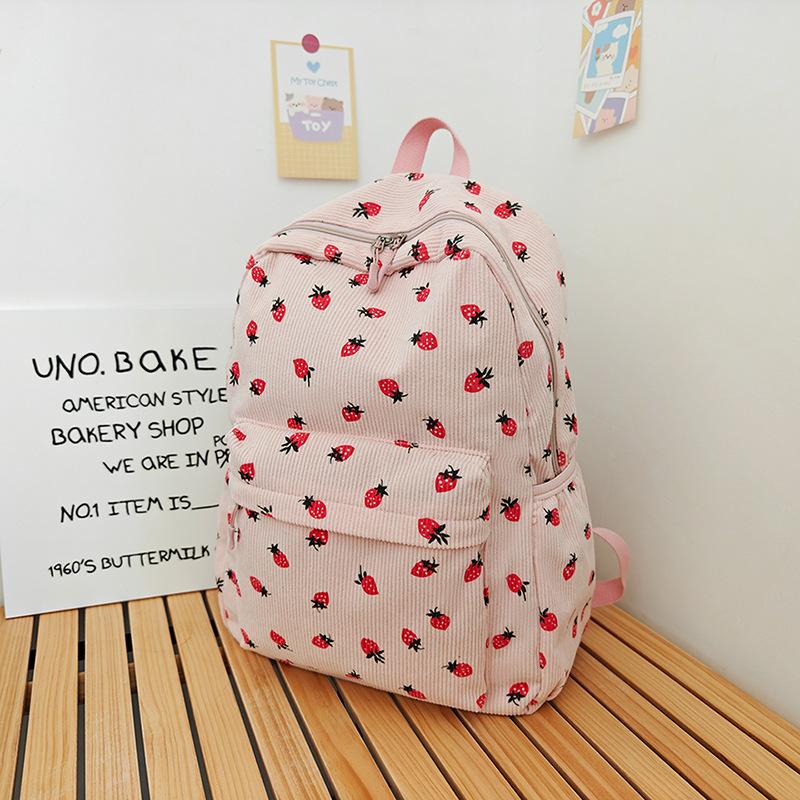 Schoolbag Hot-selling Strawberry Corduroy Backpack Female Junior High School High School Student Casual School Bag Large Capacity Female Backpack