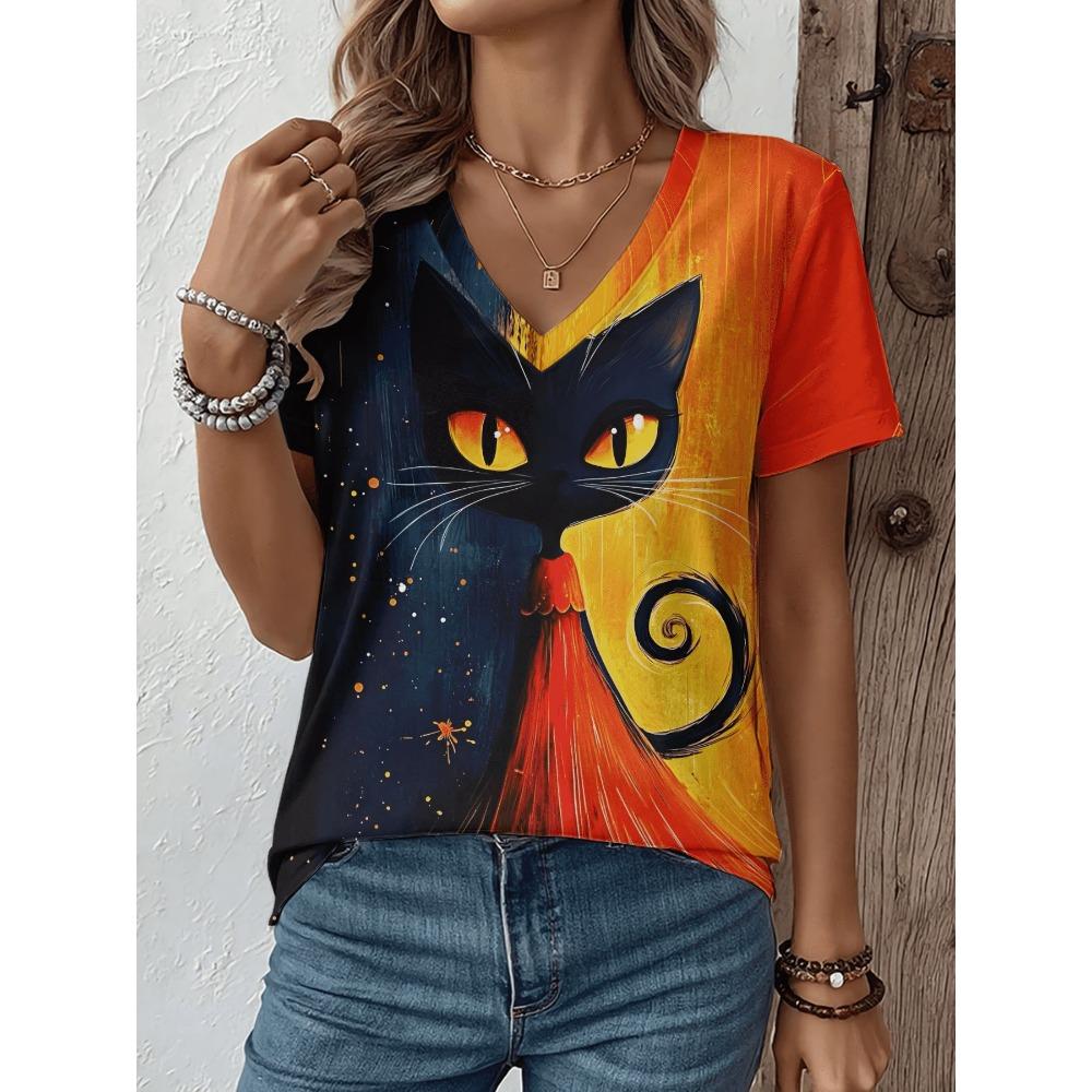 Women's Flower V-neck Short Sleeved T-shirt Fashionable Loose T-shirt