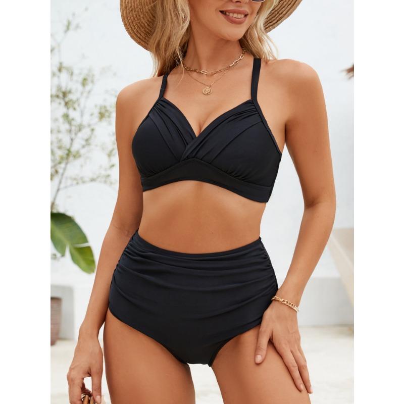 

Новый однотонный костюм с топом на подтяжках, плиссированные трусики, сексуальное однотонное пляжное платье XL