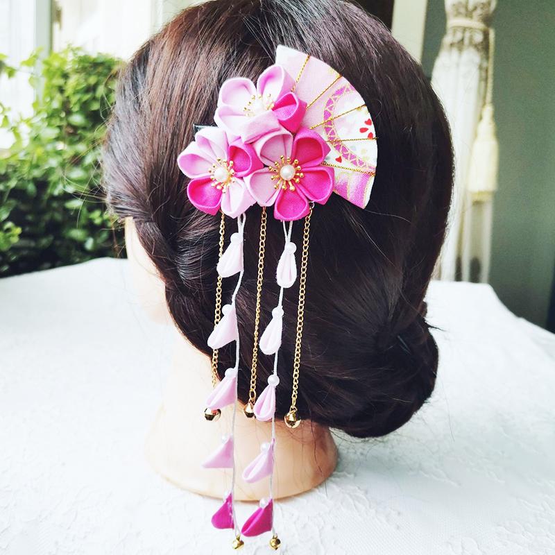 Japanese Kimono Handmade Fabric Flower Folding Fan Hair Accessories Clip Tassel Headwea Headdress Barrette Yukata Festvial Deco