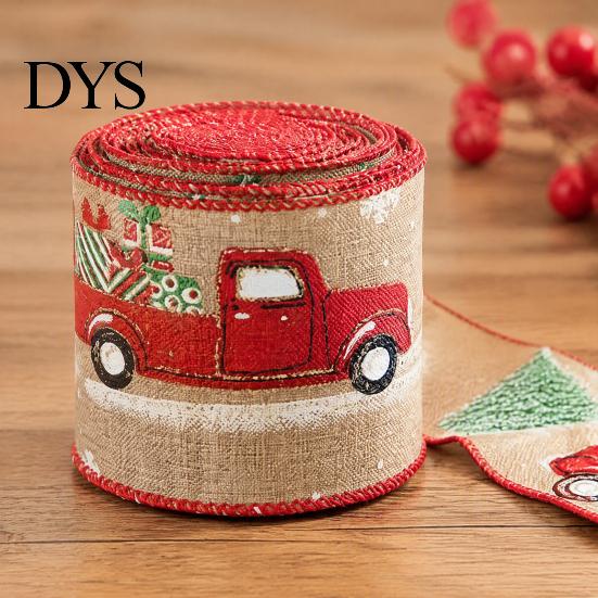 Decorative Ribbon for Christmas Decorations 1 Roll Burlap Gift Wrapping Tree Decor, Vintage Patterned Imitation Linen Wired Fabric DIY Crafts