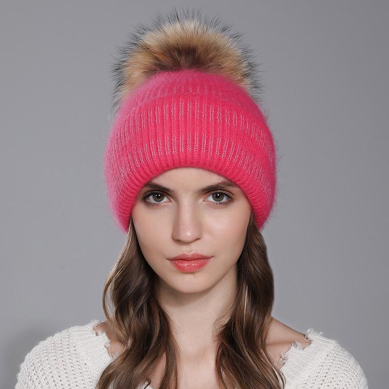 Women Winter Sliver Thread Versatile Rabbit Hair Raccoon Fur Ball Knitted Warm Pullover Hat