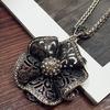 Retro Rhinestone Hollow Flower Pendant Women Necklace Sweater Chain Jewelry Gift