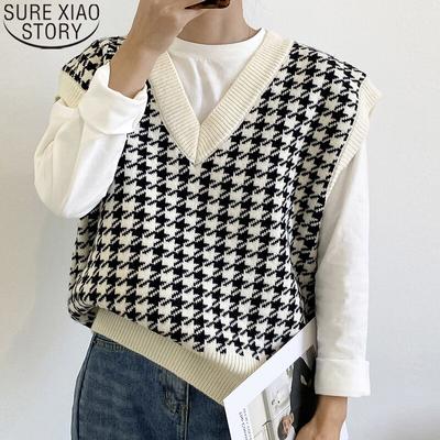 Filles pied-de-poule lâche tricoté gilet pull femmes sans manches épais Vintage pull gilet femme gilet Chic hauts 17502