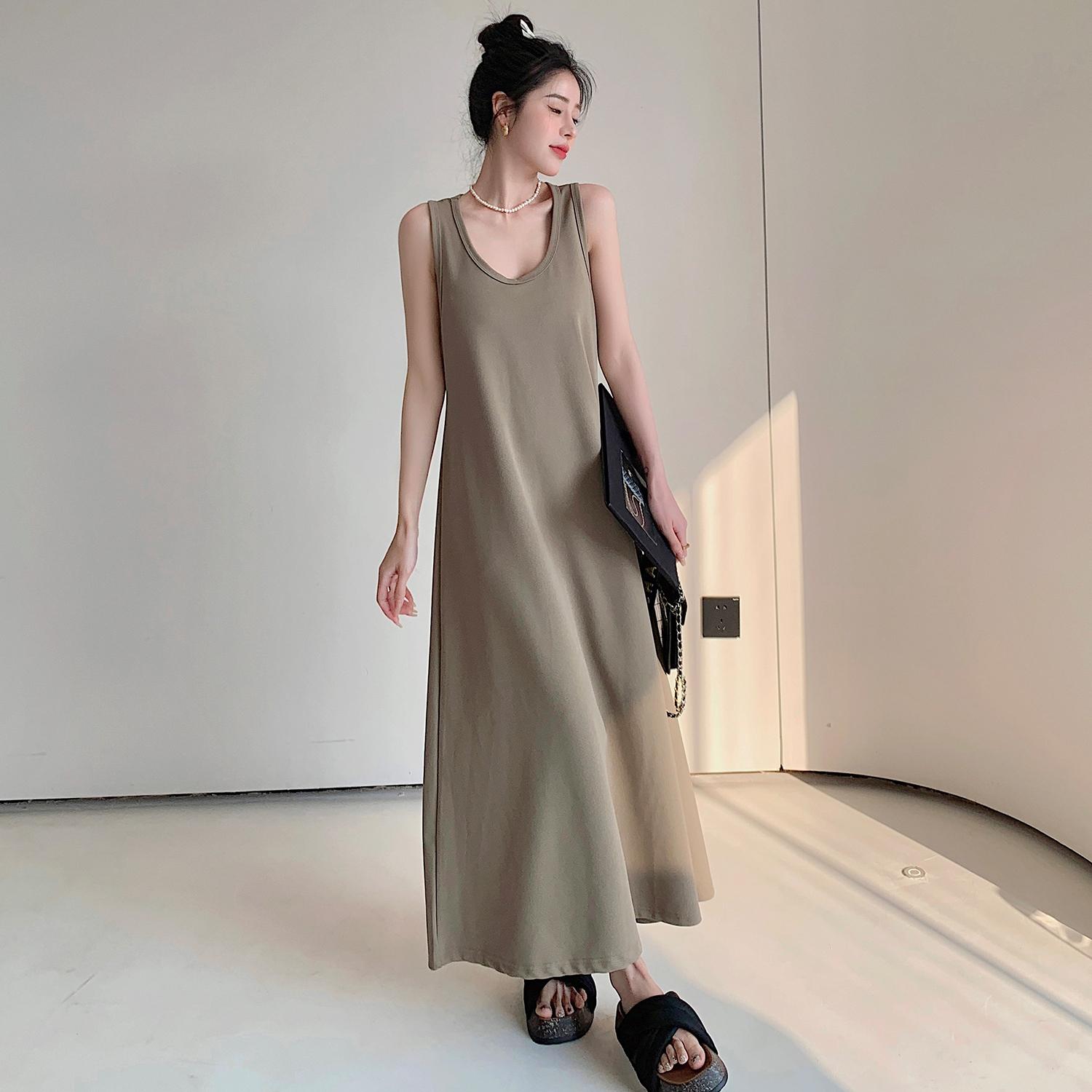 

DIMANAF 2024, летнее платье-футболка больших размеров, женское свободное базовое винтажное хлопковое платье с круглым вырезом, повседневное однотонное длинное платье без рукавов XL чёрный