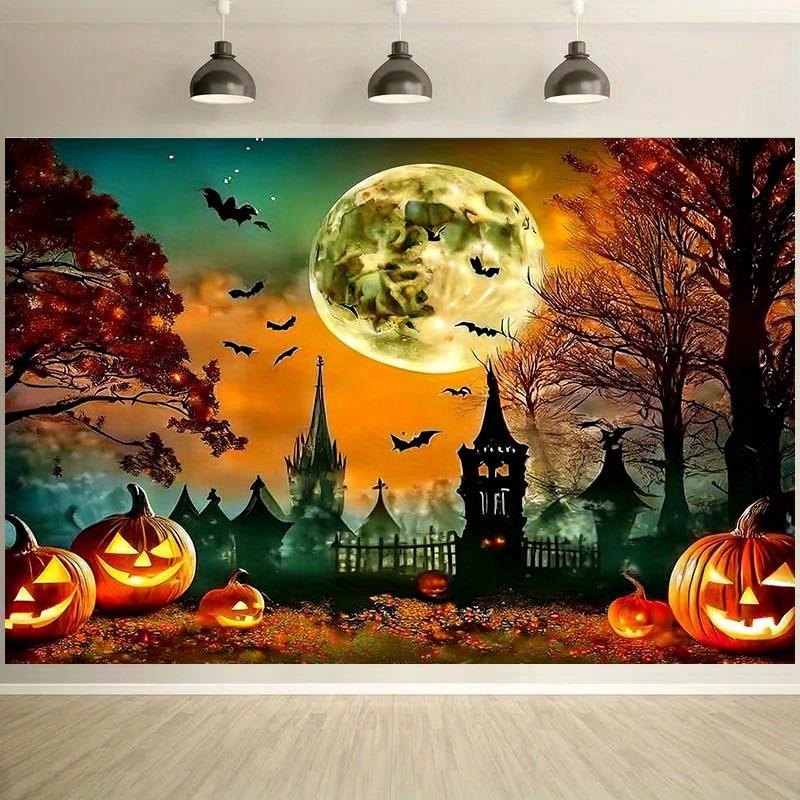 1 pc 2D Flat Halloween Background - Jack-O'-Lantern, Bats, Full Moon and Autumn Tree Scene - No Power Required——sjs