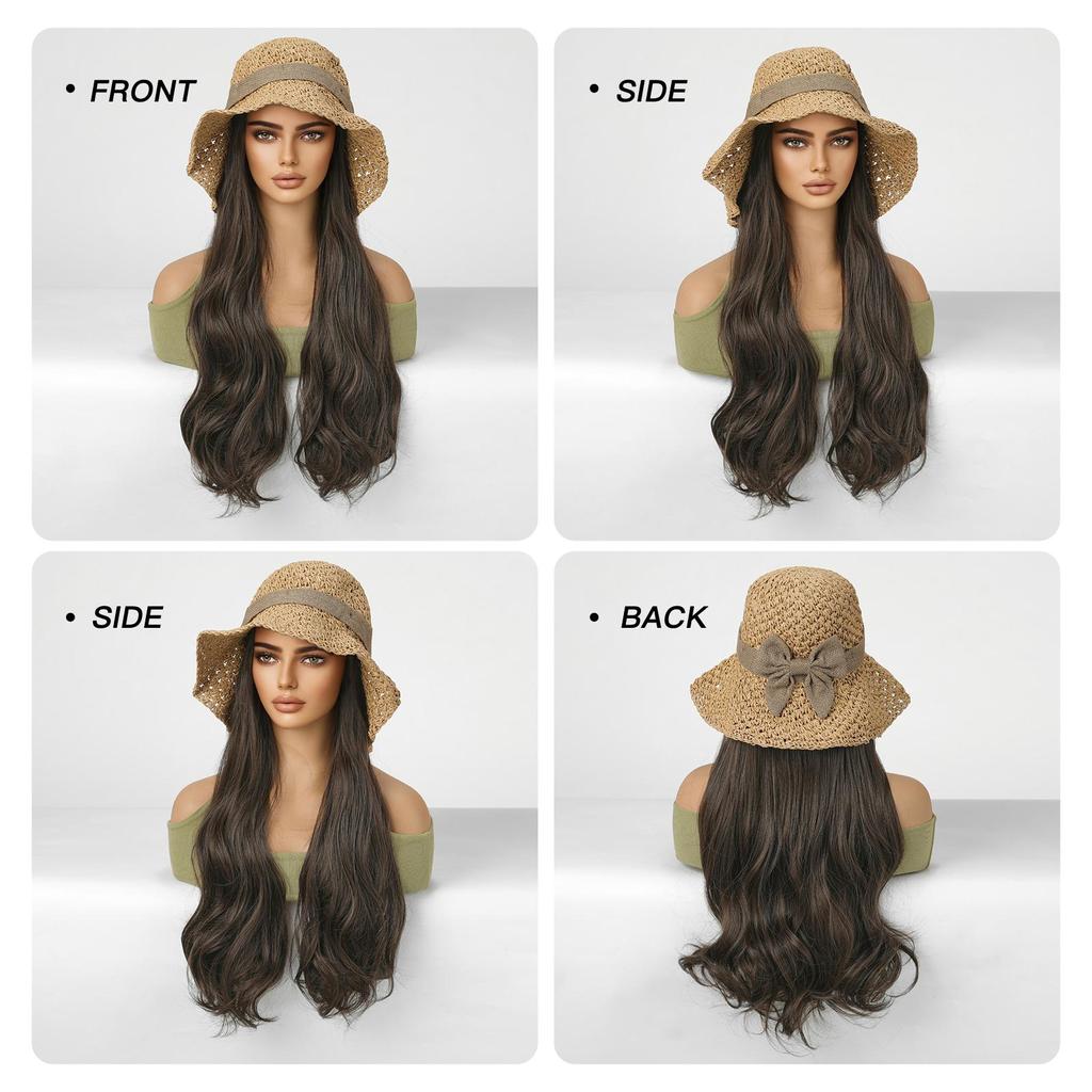 ALAN EATON Hat wigs Cap Brown Color Hair Extension Connect Summer Straw Hat for Women Heat Resistant Fiber Breathable Hat
