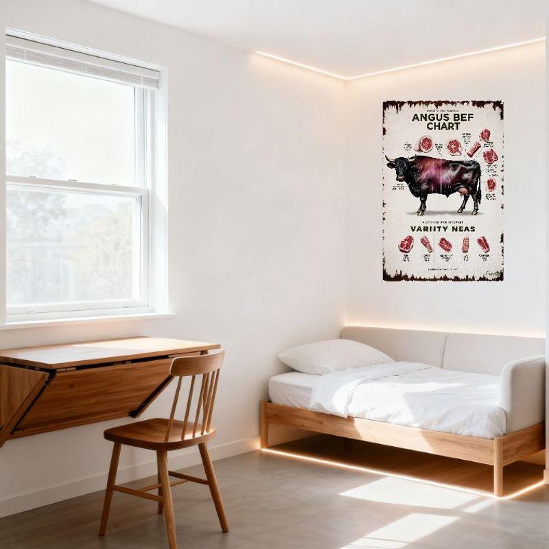 Vintage Angus Beef Chart Metal Sign, Black Angus Bull Cuts Info Tin Poster, Distressed Old Poster Style Wall Decor for Kitchen B