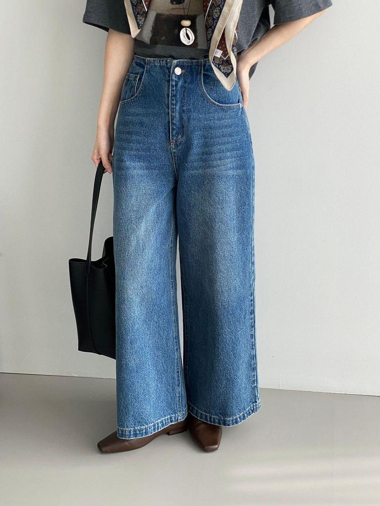 Women's Retro Washed Wide-Leg Denim Pants - Korean Style Straight-Leg Long Pants