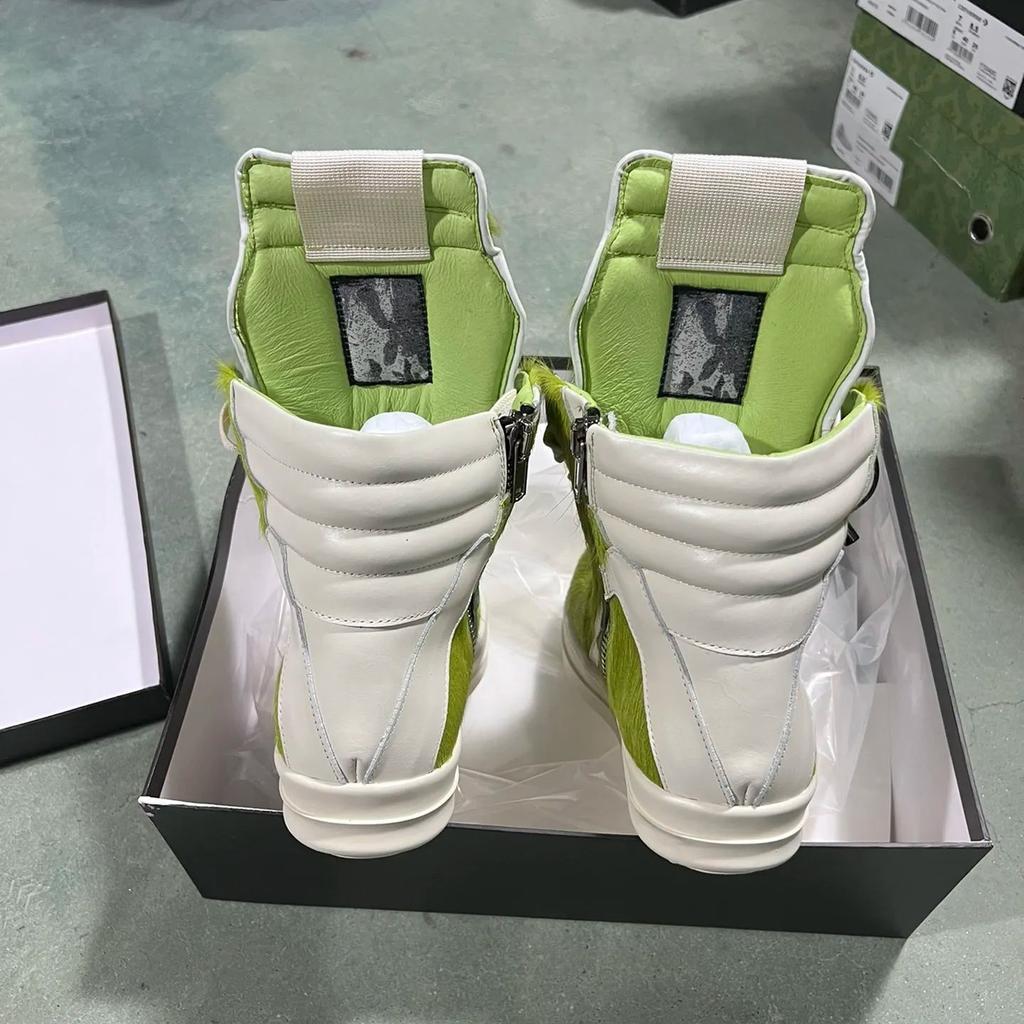 Minimalistische Qualität Grasgrün Rosshaar Echtleder Lässige Herren Pelzschuhe Damen High Top Pelzige Sneakers Ballerinas Stiefeletten