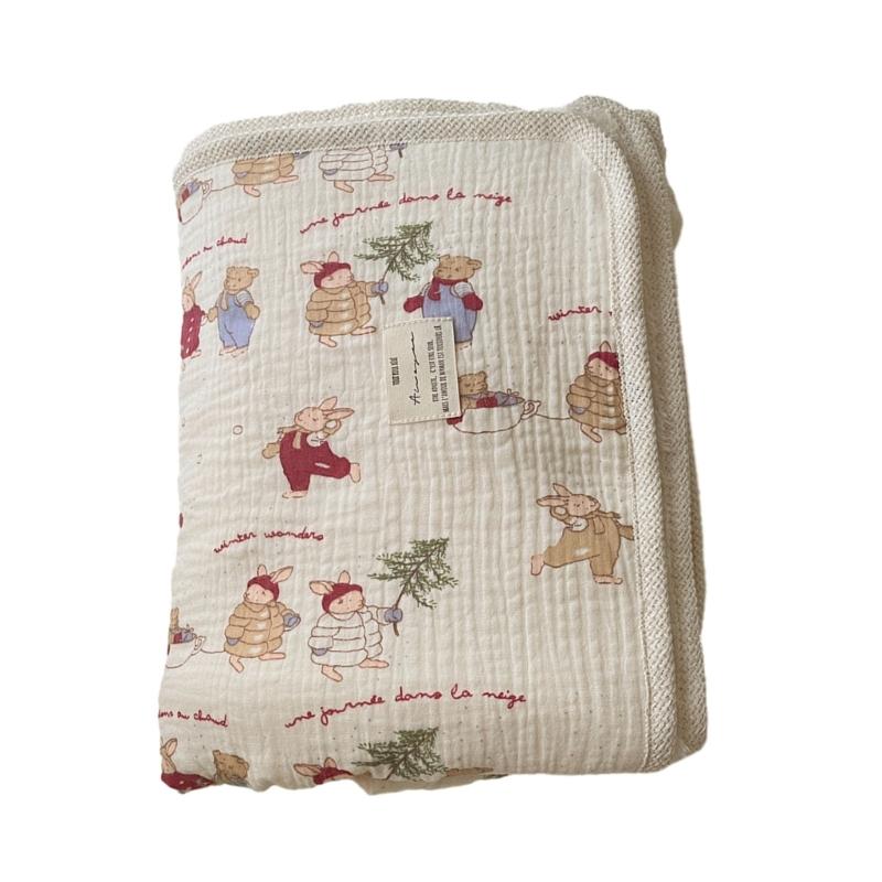 Couverture en Coton Imprimé Réversible Bord Crochet Fleur Couverture Polyvalente Double Épaisseur Chaude pour Bébés & Adultes