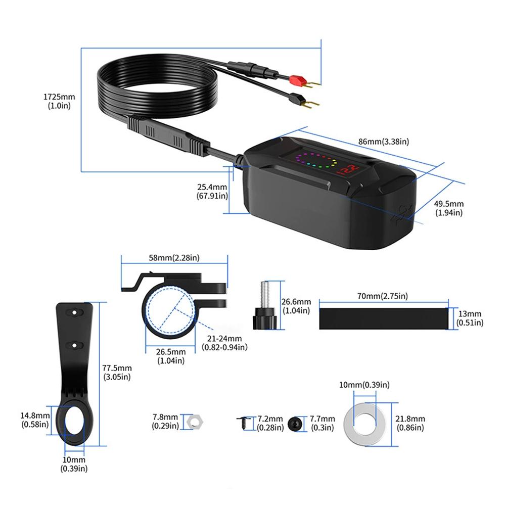 Motorcycle Phone Charger 3-Port Fast Charging 30W PD+18W USB-A+30W Retractable Type-C Cable Power Supply Adapter With Voltmeter