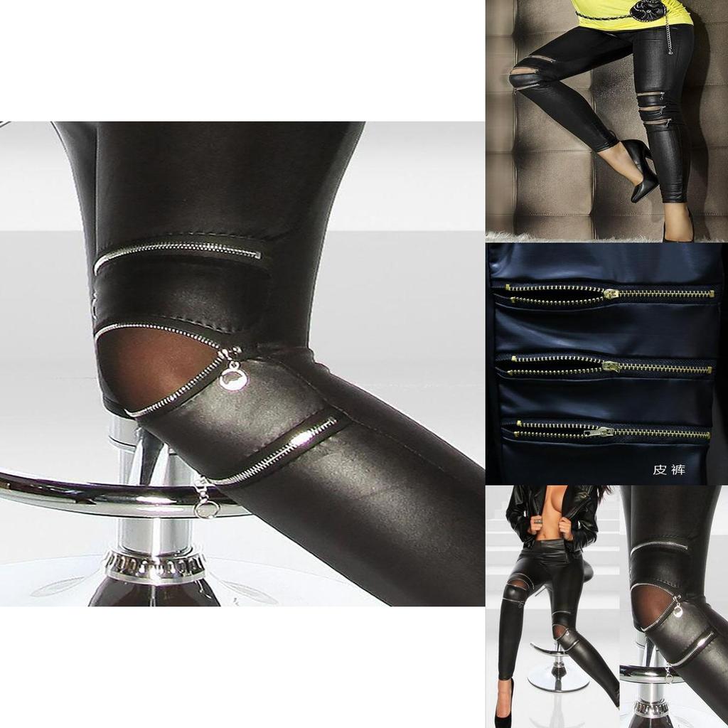 Classical Fit Slim Sexy Three Zipper Bright Leather Stretchy Leggings Pants