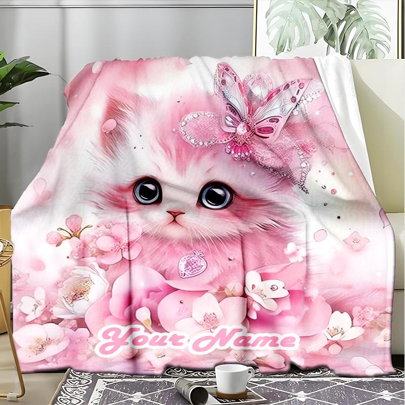1PC Custom Name Pink Fantasy Kitten Outdooor Flannel Blankets Patterns Throw Blanket All-Season Soft Gift for Couch, Bed, Camping Gifts