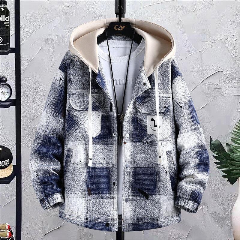Men's Hooded Plaid Jacket - Spring/Fall/Winter Cotton Outerwear for Teens and Students
