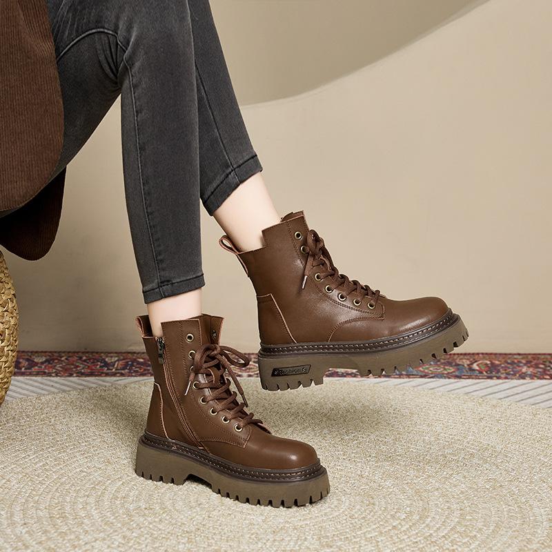 Women's Boots Martin Boots 2025 Autumn and Winter New Platform Zipper Lace-up Black Classic Short Boots Women's 2025 Velvet