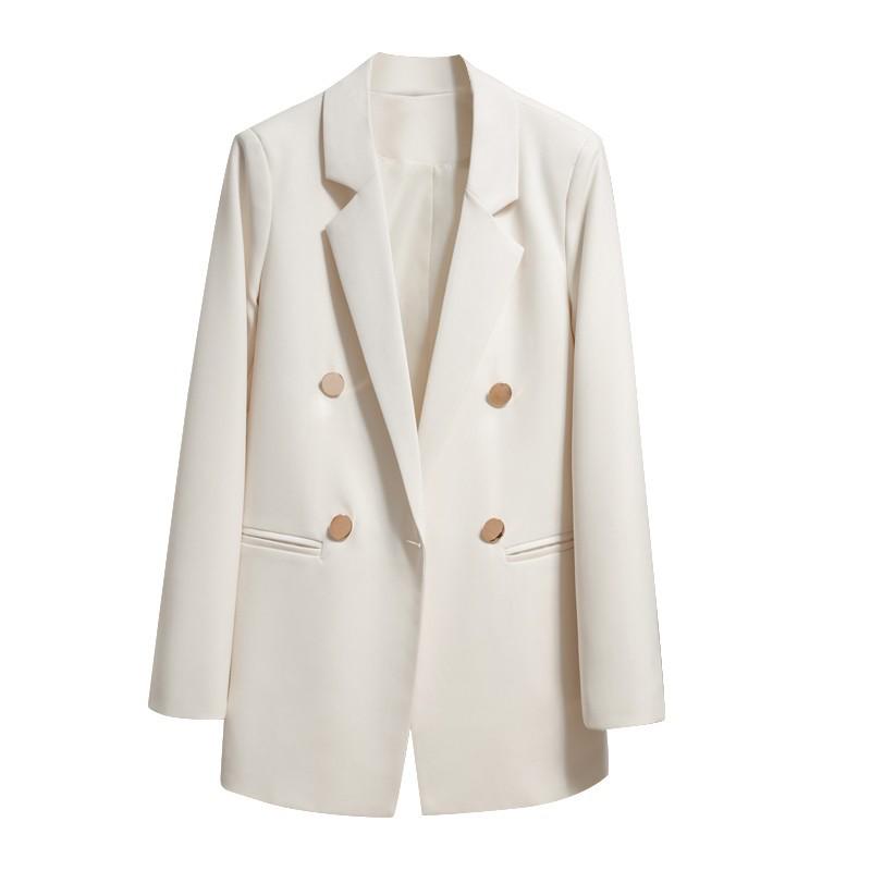 2025 Women's Creamy White British Style Casual Suit Jacket with Metal Buttons