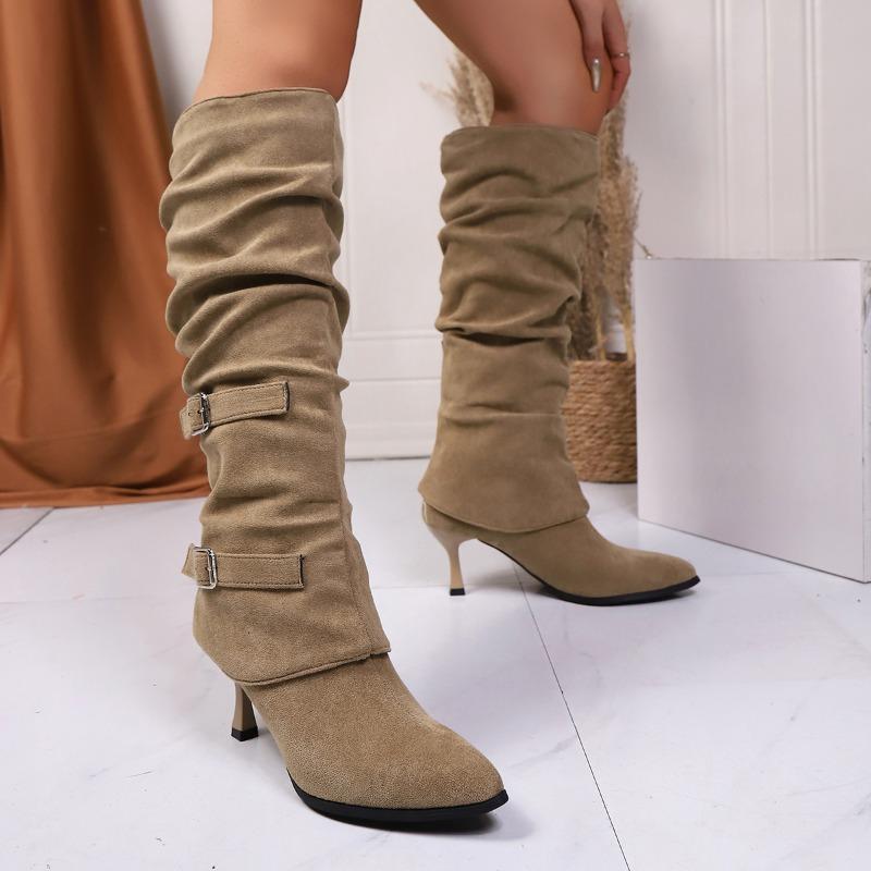 

Мода 2025 Уличный стиль Остроносые Сапоги до колена Женские Высокие каблуки Женские Ретро Пряжка на ремне Плиссированные Модные Горячий товар Длинные сапоги 35