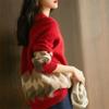 Autumn Winter Vintage Patchwork Loose Casual Sweater Women Round Neck Bottomed Knitting Tops