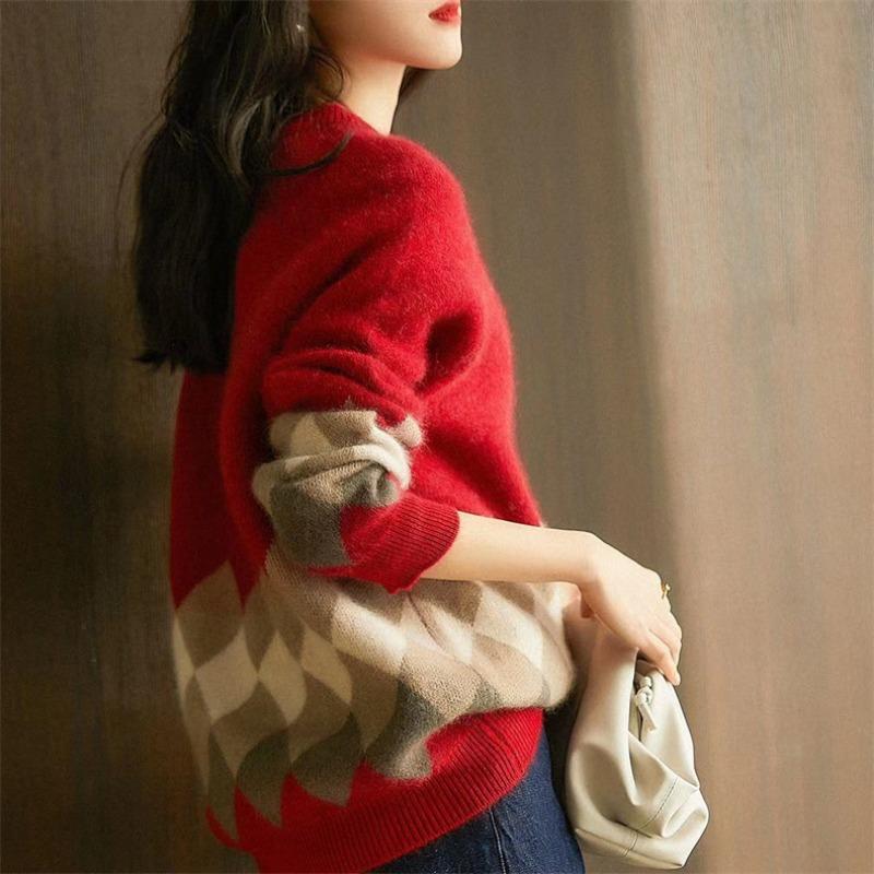 Autumn Winter Vintage Patchwork Loose Casual Sweater Women Round Neck Bottomed Knitting Tops