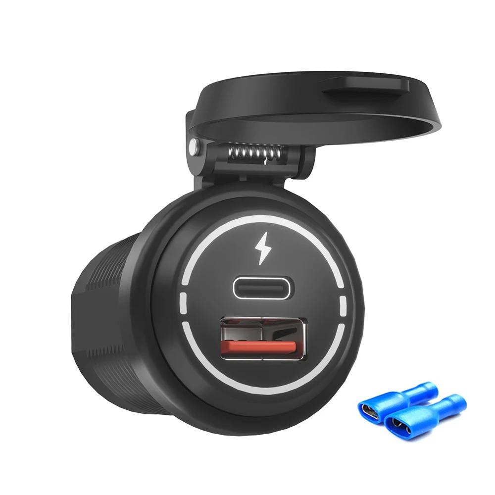 

12V/24V Car USB Charger Socket PD Type C + QC 3.0 Power Outlet with Spring Cover Dual Ports Fast Charging for Motorcycle ATV RV