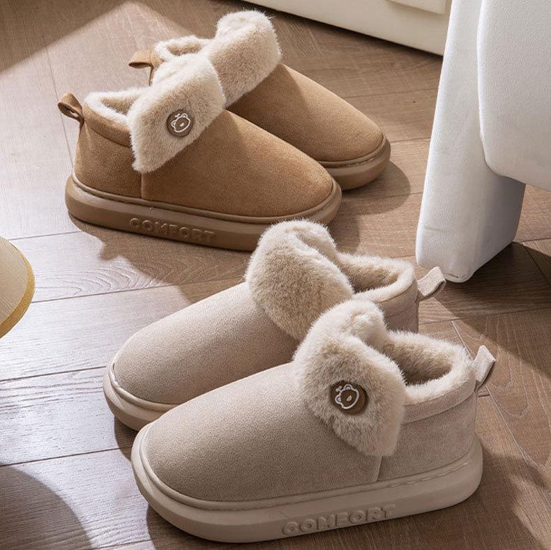 Women's and Men's Indoor Outdoor Cotton Slippers with Heels - Plush Velvet, Thick-Soled for Winter Comfort.