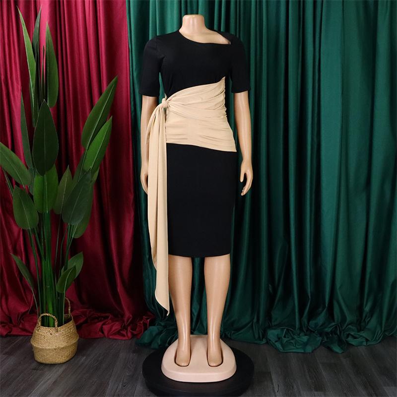 Pleated Strap Clothing Summer Short Color Matching Large Size Women's Sleeve Diagonal Collar Sheath Dress