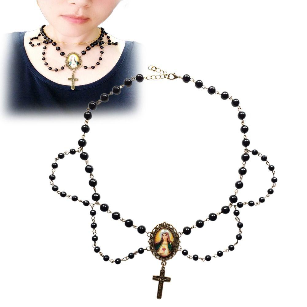 Pearl Tassel Virgin Chokers Necklace Acrylic Religious Jewelry New Cross Necklace  For Women