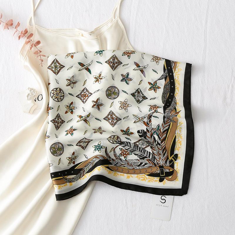 Silk scarf female stripe black and white printing spring and summer new decoration simple fashion simulation silk square scarf