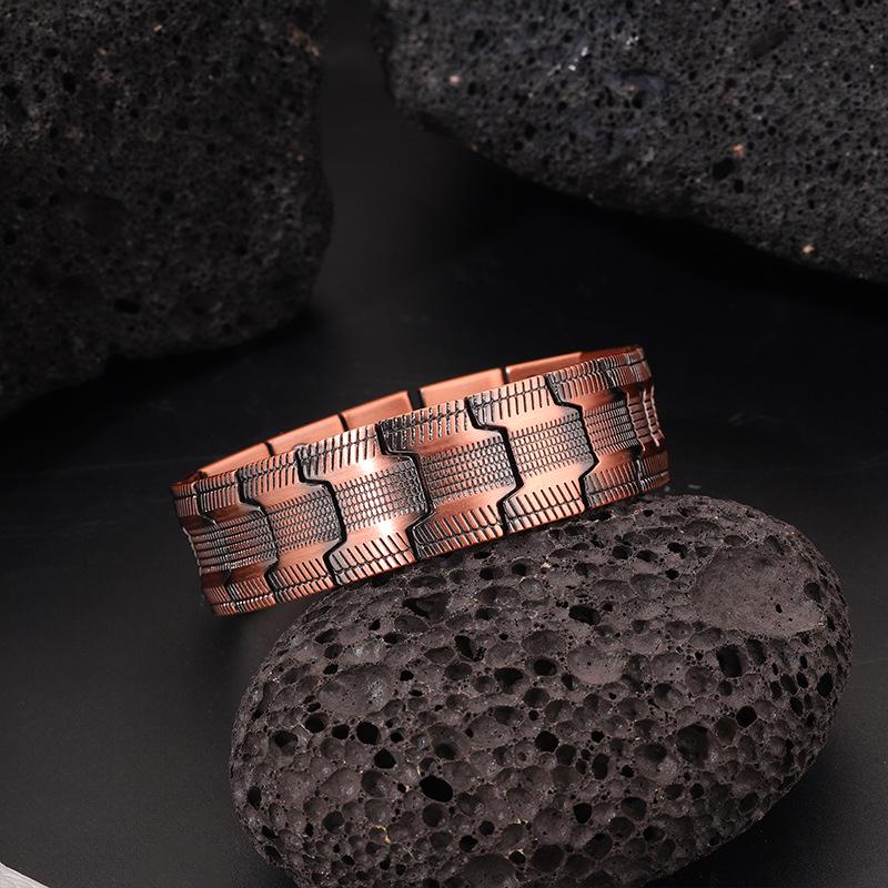 Brățară Magnetică Lată Retro pentru Bărbați, Cupru Roșu, Stil European și American, Bandă Magnetică pe Trei Rânduri.