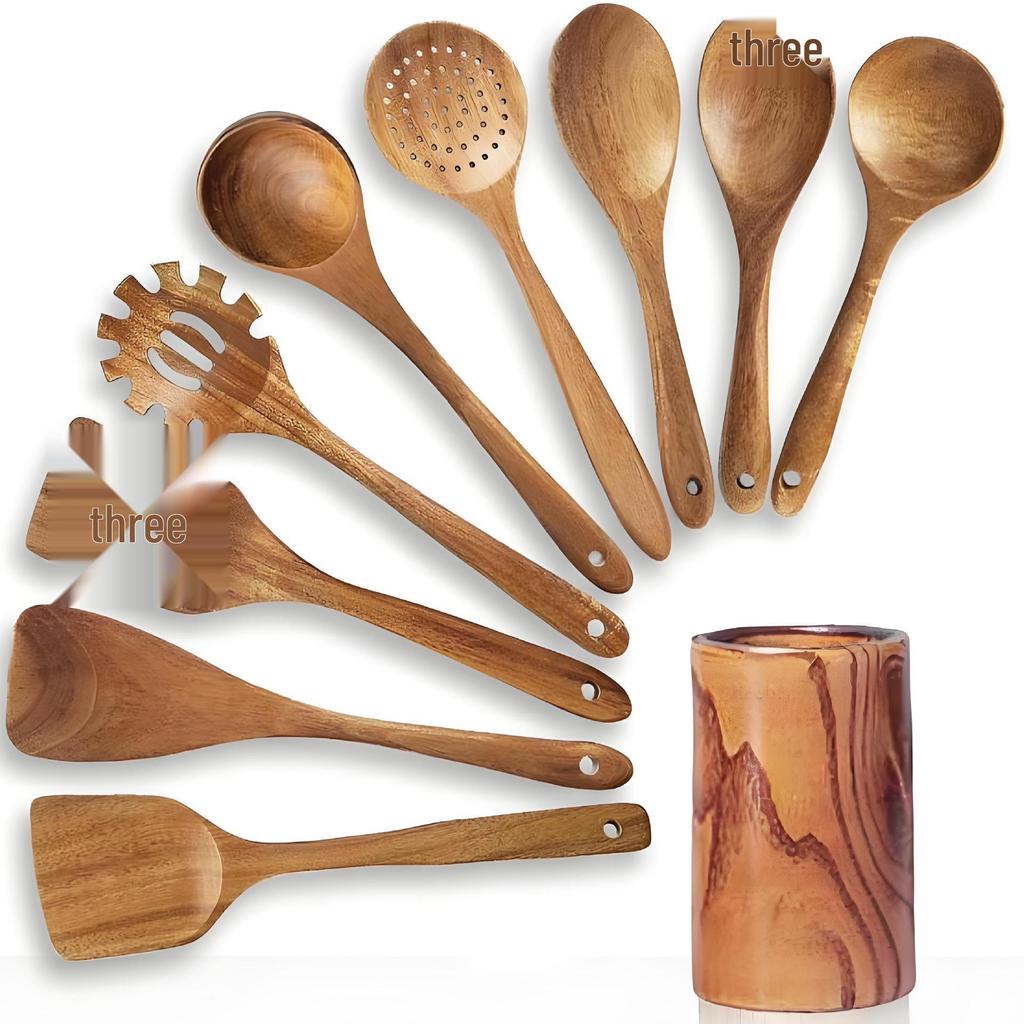 Teak Non-Stick Long-Handle Solid Wood Pan and Acacia Wood Kitchenware Set
