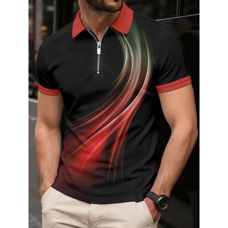 Fashion Men's Polo Shirts Casual Turn-Down Collar Zipper Golf Wear Ladder Print Short Sleeve Tee Shirt Men Polos Tops Clothing