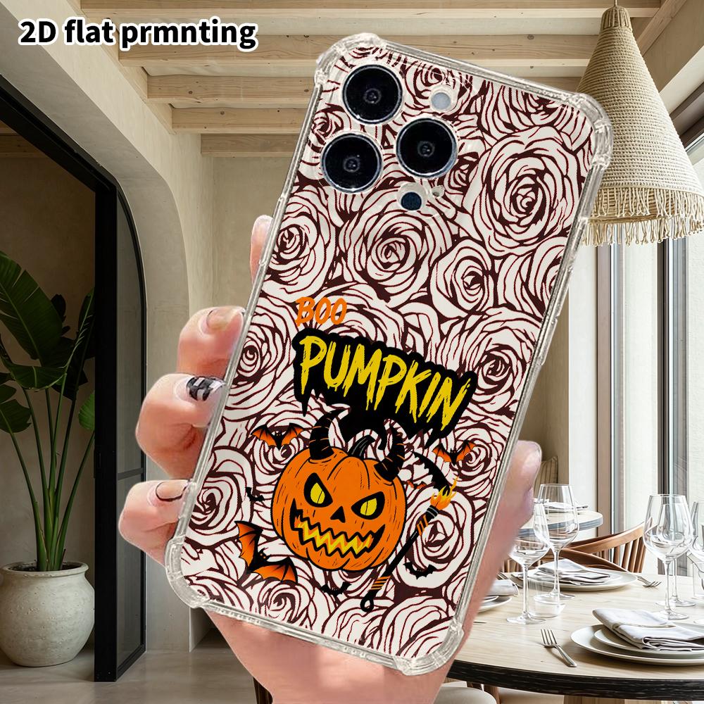 Phone case: 2D flat suitable for iPhone 18 17 16 15 14 13 Pro, transparent four corner protective case, pumpkin head, Christmas and Halloween gift