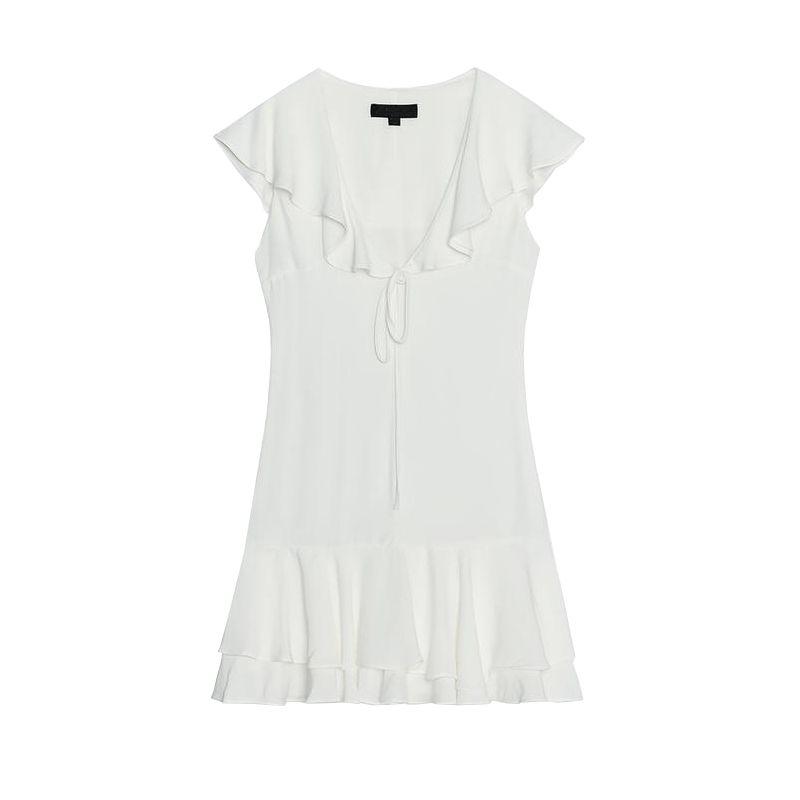 

Spring and Summer Women s Clothing Seaside Vacation Style V Neck Sleeveless Bows Laminated Decoration Short Dress 3067348 raw white L