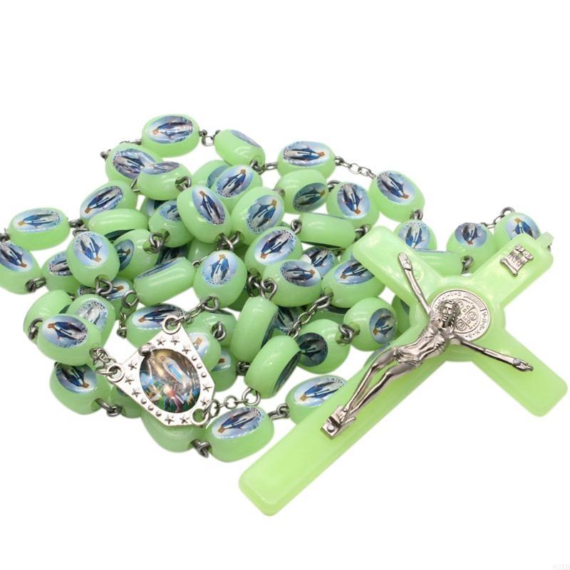 62KD Catholic Angel Virgin Mary Luminous Rosary Religious Beads Wall Hanging Rosary for Cross Pendant Necklace Glow In The Da